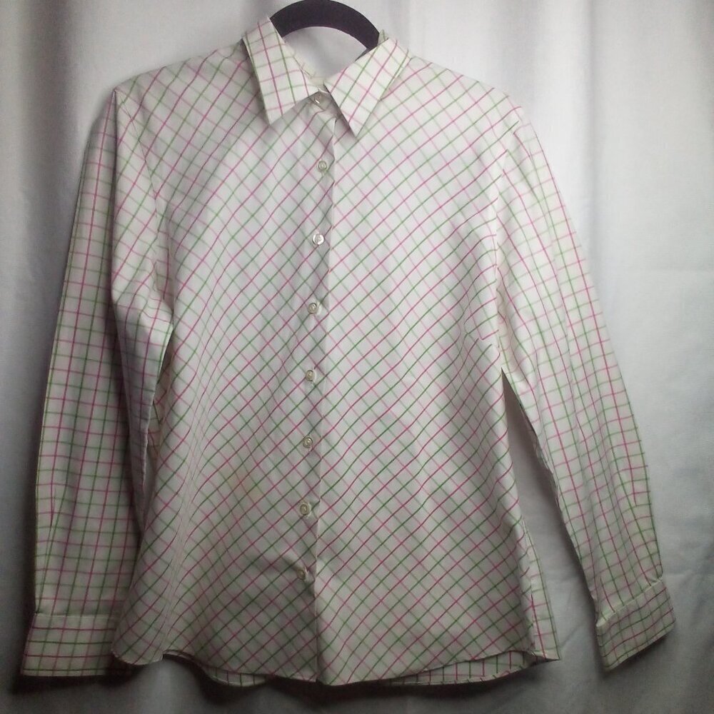 Lands' End Button Up Shirt 12 Women Long Sleeve Plaid Green Pink